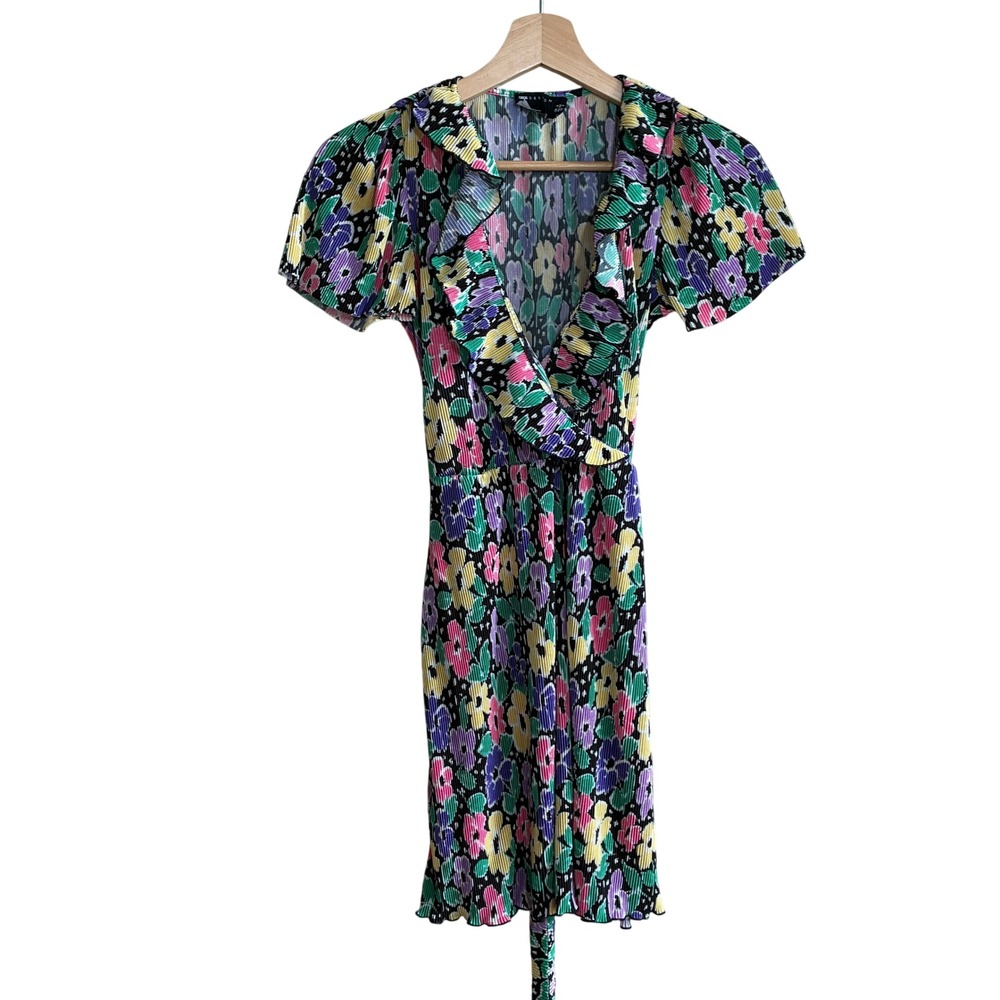 ASOS DESIGN Plisse Floral Mini Wrap Dress 2 Multi-Color Womens Ruffle Pleated